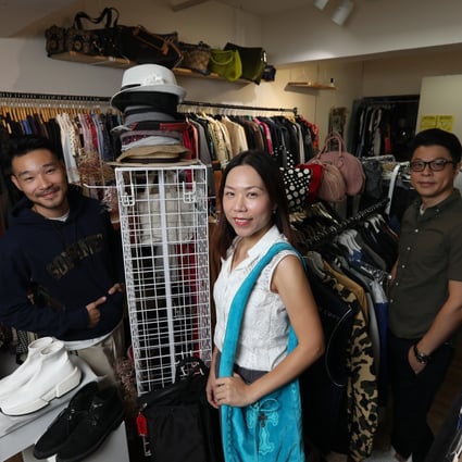 2Hand founders (from left) Leung Ka-weng, Connie Yong and Ernest Chan, at their Kwun Tong store. Photo: Xiaomei Chen