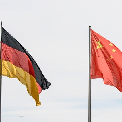 The German, Chinese and EU flags fly in Berlin, Germany, in readiness for German-Chinese bilateral government talks last year. Just as Germany sits at the centre of the EU, China could one day be the leader of a future Asian Union – if it heeds the lessons of history. Photo: EPA-EFE