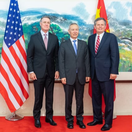 Chinese Vice-Premier Liu He (centre) meets US Senators David Perdue (left) and Steve Daines on Tuesday. Photo: Xinhua