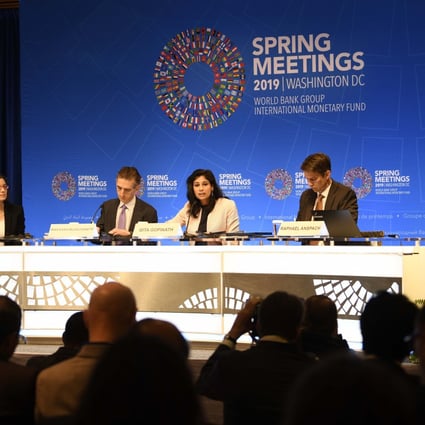 International Monetary Fund (IMF) chief economist Gita Gopinath (second right) did not repeat the a recent evaluation that the weaker yuan exchange rate remained in line with China’s economic fundamentals, in contrast to the US assessment. Photo: Xinhua
