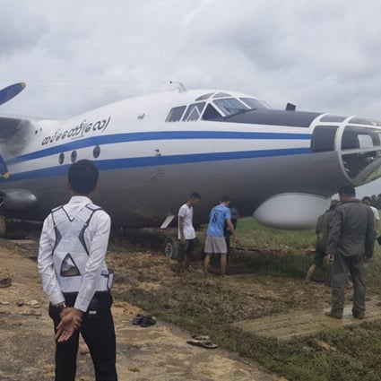 A Myanmar military transport aircraft skidded off the runway at Yangon International Airport on Thursday. Photo: Myanmar Department of Civil Aviation via EPA-EFE