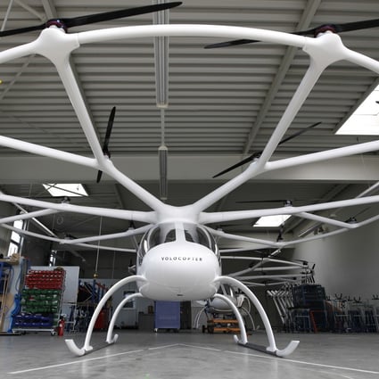 A Volocopter 2X multirotor electric helicopter stands in a hangar at Volocopter’s headquarters in Bruchsal, Germany. Photo: Bloomberg
