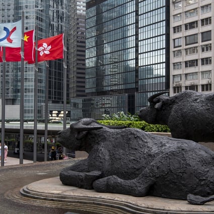 Bronze sculptures of bulls, the symbol of the Hong Kong Stock Exchange, at the Exchange Square in Central on 30 May 2019. Photo: Warton Li