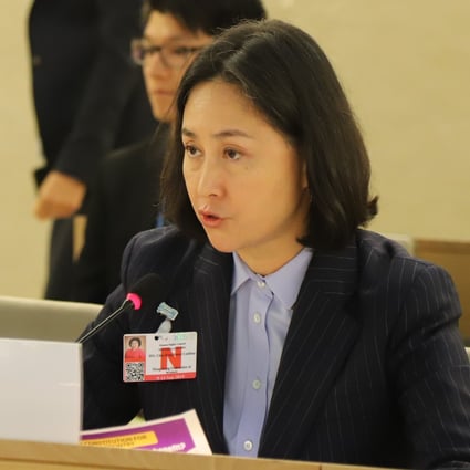 Pansy Ho Chiu-king, chairwoman of the Hong Kong Federation of Women, addresses the UN Human Rights Council in Geneva, Switzerland, on Wednesday. Photo: Xinhua