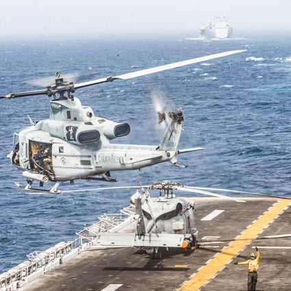 A US Marines helicopter takes off from the flight deck of the US Navy amphibious assault ship USS Boxer during its transit through the Strait of Hormuz. File photo: Reuters