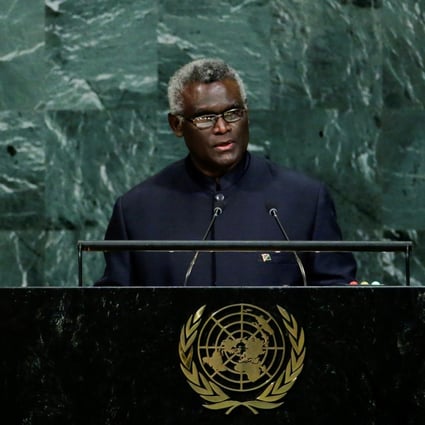 Solomon Islands Prime Minister Manasseh Sogavare addresses the UN General Assembly in 2017. His grip on power could be tested if he leaves the country. Photo: Reuters