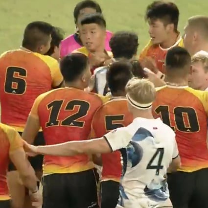 China and Hong Kong players square up. Photos: Facebook/Hong Kong Rugby Union