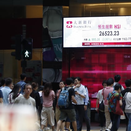 Pedestrians next to an electronic billboard with the Hang Seng Index (HSI) data in Hong Kong on 4 September 2019. Photo: EPA-EFE