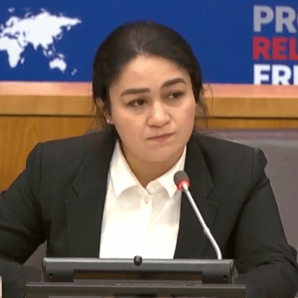 Jewher Ilham at the United Nations on Monday, taking part in a forum about religious freedom. She spoke about her father, Ilham Tohti, who is serving a life sentence in China on separatist-related charges. Photo: YouTube