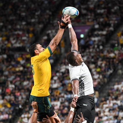Fiji lock Leone Nakarawa (right) and Australia’s Rory Arnold compete for a line-out ball during their Rugby World Cup pool D match. Photo: AFP