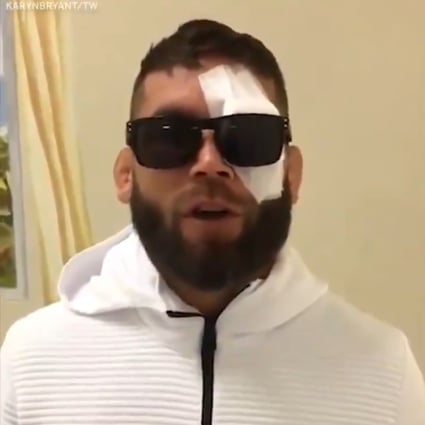 Jeremy Stephens speaks to ESPN’s Karyn Bryant with a bandage on his left eye after his fight against Yair Rodriguez ends in a no contest after 15 seconds. Photo: Twitter/@KarynBryant