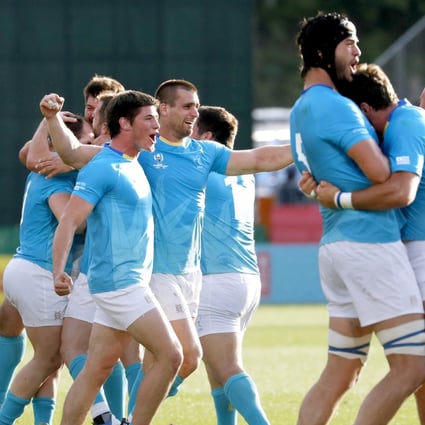 Uruguay players celebrate after defeating Fiji at the Rugby World Cup in Kamaishi, northeastern Japan. Photo: AP