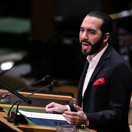 El Salvador’s President Nayib Bukele speaks during the UN General Assembly meeting in New York on Thursday. Photo: Bloomberg