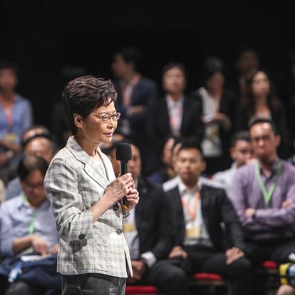 Chief Executive Carrie Lam addresses her town hall event on Thursday evening. Photo: Winson Wong