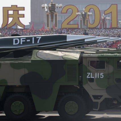 DF-17 ballistic missiles designed to carry a hypersonic glider are paraded on military vehicles in Tiananmen Square on October 1. The missile can fly beyond Mach 5, is manoeuvrable, allowing it to evade anti-missile defences, and can carry a nuclear warhead. Photo: AP