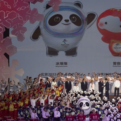 Beijing 2022 Winter Olympic Mascot Bing Dwen Dwen, left, and 2022 Winter Paralympic Games mascot, Shuey Rong Rong, are revealed during a ceremony in Beijing on September 17, 2019. Photo: AP