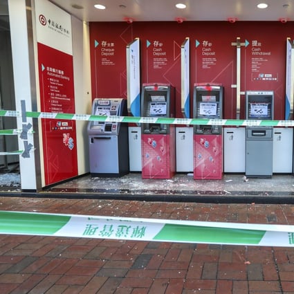 Anti-government protesters vandalised and damaged several locations including a Bank of China branch in Sha Tin on 5 May 2019 after the government issued an anti-mask law. Photo: Felix Wong