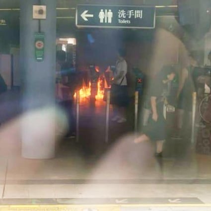 The view from a train in Kowloon Tong station after petrol bombs are thrown. Photo: Facebook