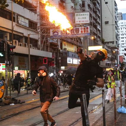 Protesters throw petrol bombs at police during recent anti-government protests against the government’s new anti-mask law. Photo: Sam Tsang
