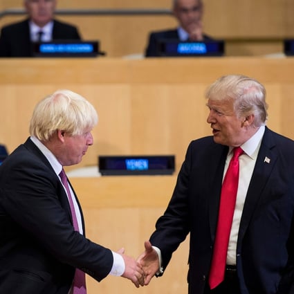Then British foreign secretary Boris Johnson shakes hands with US President Donald Trump at the UN headquarters in New York in September 2017. Trump rode to the presidency on a hard-line position towards China, much as Johnson became British prime minister thanks to his stance on the European Union, and now it’s unclear whether either can resolve those disputes. Photo: AFP