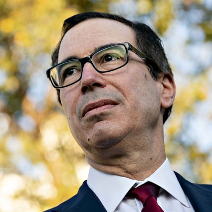 US Treasury Secretary Steven Mnuchin listens to a question from the media outside the White House on Monday. Photo: Bloomberg