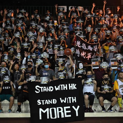 Protesters rally at Southorn Playground in Hong Kong on Tuesday in support of Houston Rockets general manager Daryl Morey. Photo: AFP