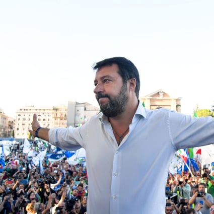 Leader of Italy's far-right League party, Matteo Salvini gestures as he prepares to address supporters during a rally of Italy's far-right League party. Photo: AFP