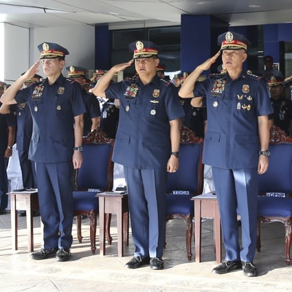 From left: The Philippine National Police’s Guillermo Eleazar, acting police chief Archie Gamboa, former chief Oscar Albayalde, and Camilo Cascolan. Photo: AP