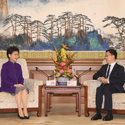 Chief Executive Carrie Lam (left) is received by Chinese Vice-Premier Han Zheng in Beijing. Photo: ISD