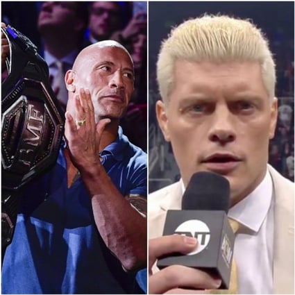Dwayne 'The Rock' Johnson (left) with the 'BMF' belt at UFC 244 and Cody Rhodes (right) on AEW Dynamite. Photo: AFP/AEW