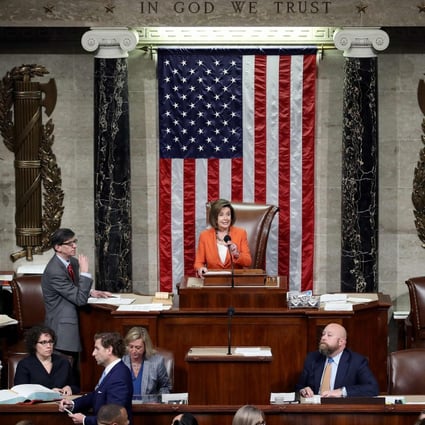Speaker of the House Nancy Pelosi presides over the US House of Representatives, which approved the Senate version of the Hong Kong Human Rights and Democracy Act on Wednesday. Photo: AFP