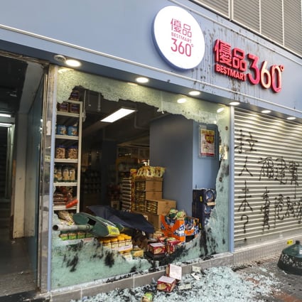 The morning after: a Best Mart 360 shop that was vandalised in Jordan during a mass rally on the 70th anniversary of the People’s Republic of China on October 1, 2019. Photo: Dickson Lee