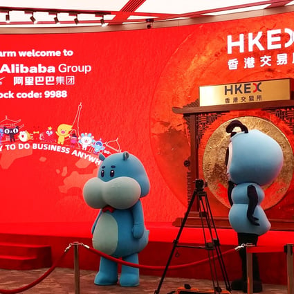 Alibaba’s mascots Tao Doll and Freshippo during the trading debut of the company’s shares on the Hong Kong stock exchange on 26 November 2019. Photo: Enoch Yiu