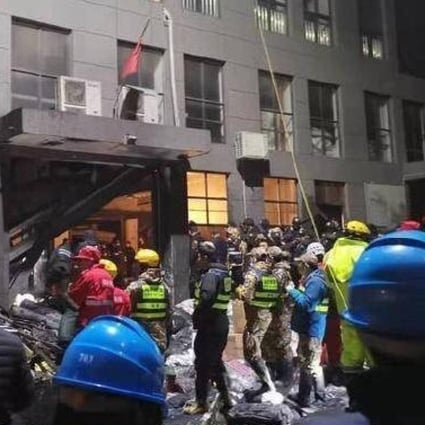 Rescuers at the scene of the blast in Haining city in eastern China. Photo: Weibo