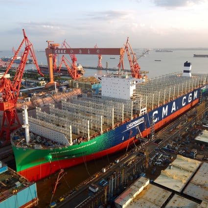CMA CGM Group’s 23,000 TEU LNG-powered container ship, Jacques Saade, is seen being built at the Shanghai Jiangnan-Changxing Shipyard in Shanghai. Photo: Handout