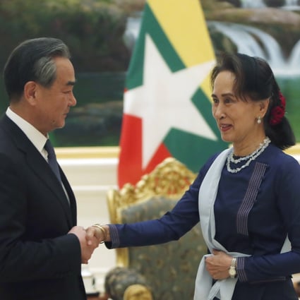 Chinese Foreign Minister Wang Yi meets Myanmar’s leader Aung San Suu Kyi in Naypyidaw on Saturday. Photo: AP