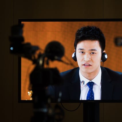 Chinese swimmer Sun Yang seen on a video screen as he speaks during his public hearing at the Court of Arbitration for Sport (CAS) in November. Photo: AP