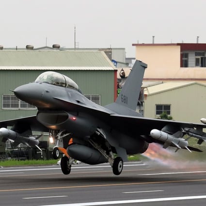 A Taiwanese F-16V takes off during a drill in May. Photo: EPA-EFE