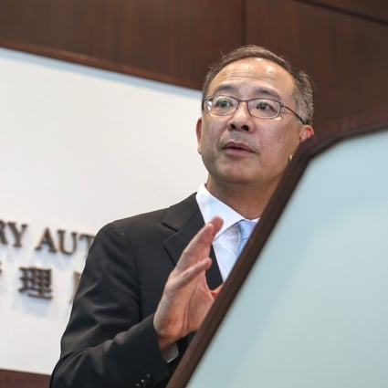 Eddie Yue Wai-man speaks to the press on his first day as the chief executive of the Hong Kong Monetary Authority on October 2 at the International Finance Centre in Central. Photo: Xiaomei Chen