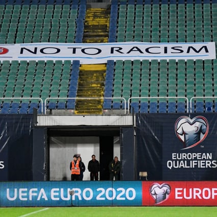 A banner reading ‘No to racism’ is displayed on the stands before a Euro 2020 qualifier between Bulgaria and Czech Republic in Sofia. Photo: AFP