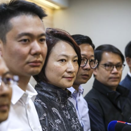Starry Lee, Democratic Alliance for the Betterment and Progress of Hong Kong chairwoman (centre) meets members of the press with other party members the day after the district council elections. Photo: Robert Ng