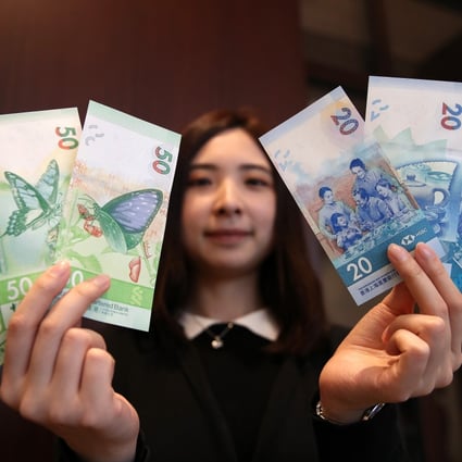 The new HK$20 and HK$50 notes are presented during a press conference by the Hong Kong Monetary Authority. Photo: Winson Wong