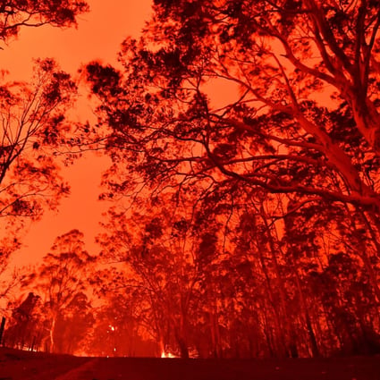 The afternoon sky glows red from bush fires in the area around the town of Nowra in the Australian state of New South Wales. Photo: AFP