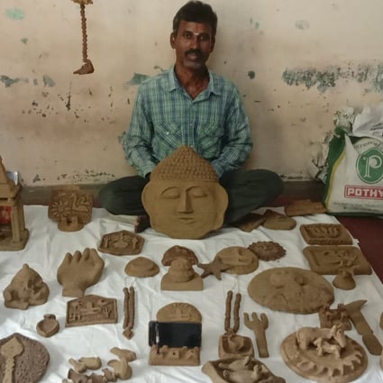 Ganeshan Palsamy makes more than 100 varieties of handcrafted cow dung artefacts. Photo: Kamala Thiagarajan