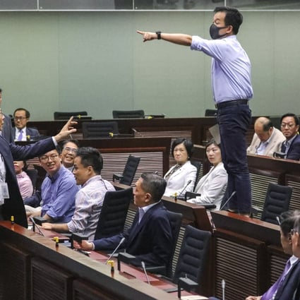 Lawmaker Raymond Chan Chi-chuen (right) takes a strong stand during the election of the chairman of the Legislative Council’s finance committee on October 14. Across two days, pro-democracy lawmakers raised repeated procedural questions and tried to delay the proceedings. Photo: May Tse