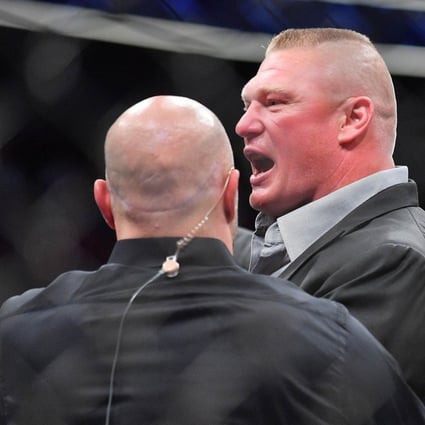 Brock Lesnar challenges Daniel Cormier after Cormier’s heavyweight championship fight against Stipe Miocic at T-Mobile Arena on July 7, 2018 in Las Vegas. Photo: AFP