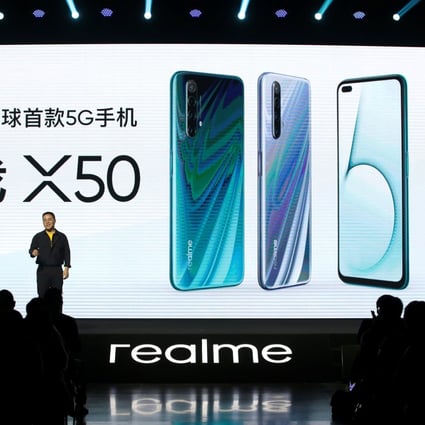 Realme chief marketing officer Chase Qi Xu speaks at the launch of the company’s X50 5G smartphone in Beijing on January 7. Photo: Reuters