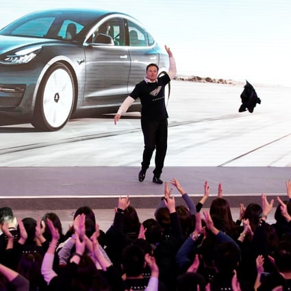 Tesla CEO Elon Musk dancing onstage during a delivery event for Tesla China-made Model 3 cars in Shanghai, China January 7, 2020. Photo: Reuters