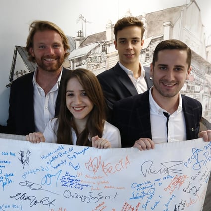 Europe Goes Silk Road co-founders (left to right) Sebastian Holler, Maximilian Auer, and Florian Krendl, alongside graphic designer Lara Schauer. Photo: Tory Ho