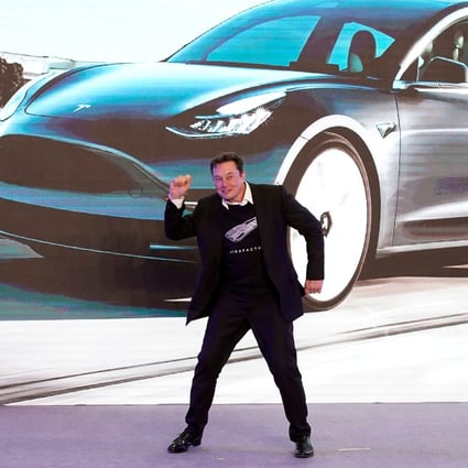Tesla chief executive Elon Musk dances onstage during the delivery event for the company’s China-made Model 3 cars in Shanghai on January 7. Photo: Reuters